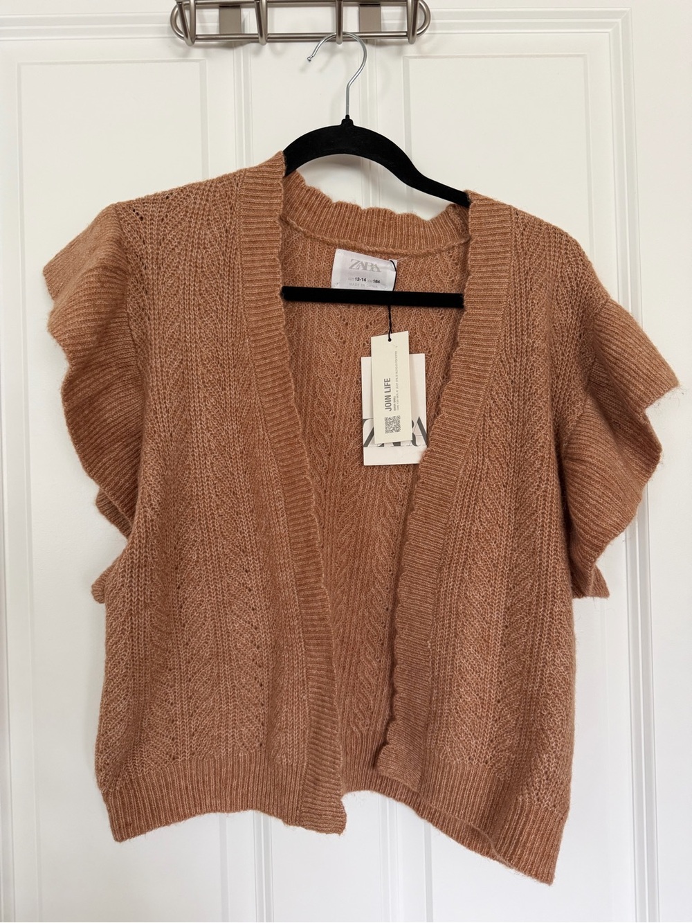 Zara Camel Open-Front Short Sleeve Chunky Knit Cardigan